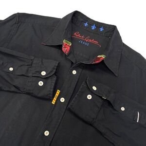 Robert Graham Black‎ Long Sleeve Button Up Shirt Mens Embroidered Fleur De Lis